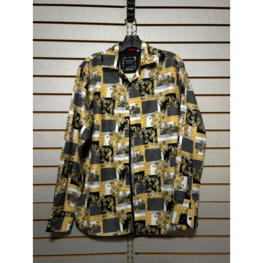 Silver Stone Collection Mens Gold Black Baroque Paisley Patchwork Shirt‎ Large L